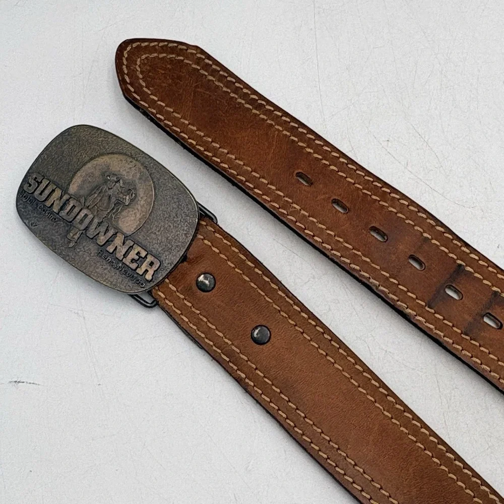 VTG Sears Leather Belt Brown Sz 42 Sundowner Reno Nevada Casino Brass Buckle USA